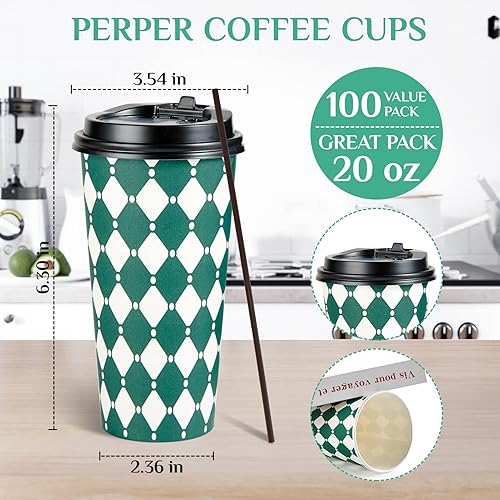 Miniatura 2 de LITOPAK Paquete de 100 tazas de café desechables de 20 onzas, vasos de papel desechables con tapas y agitación, tazas de café de papel para café