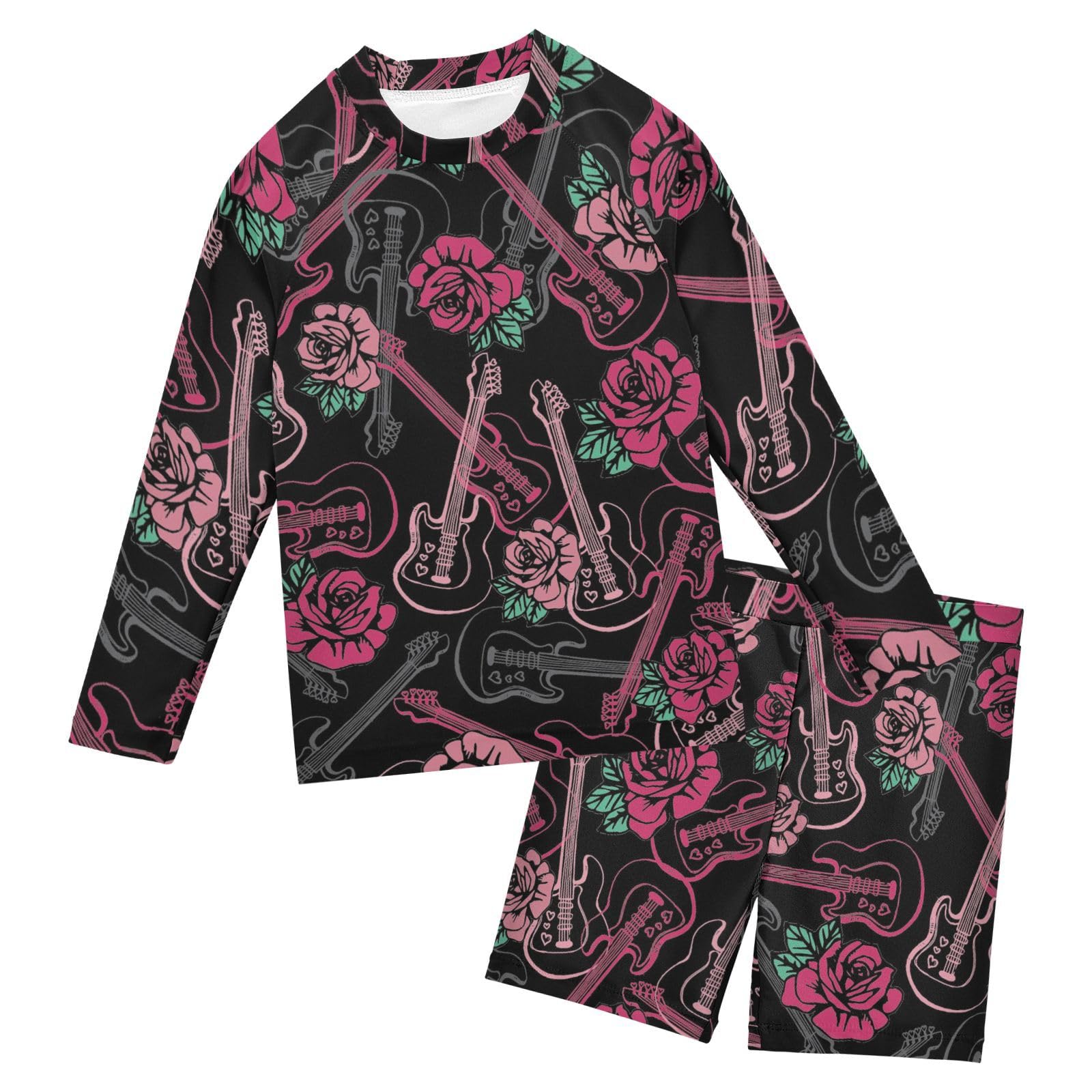 Aflyko Boys' Rash Guard Set Floral Guitar Rose Mexican Crewneck Swim Shirt with Jammer Stretchy Beach Shorts Comfortable Fit Summer Daily Wear, 7-8T