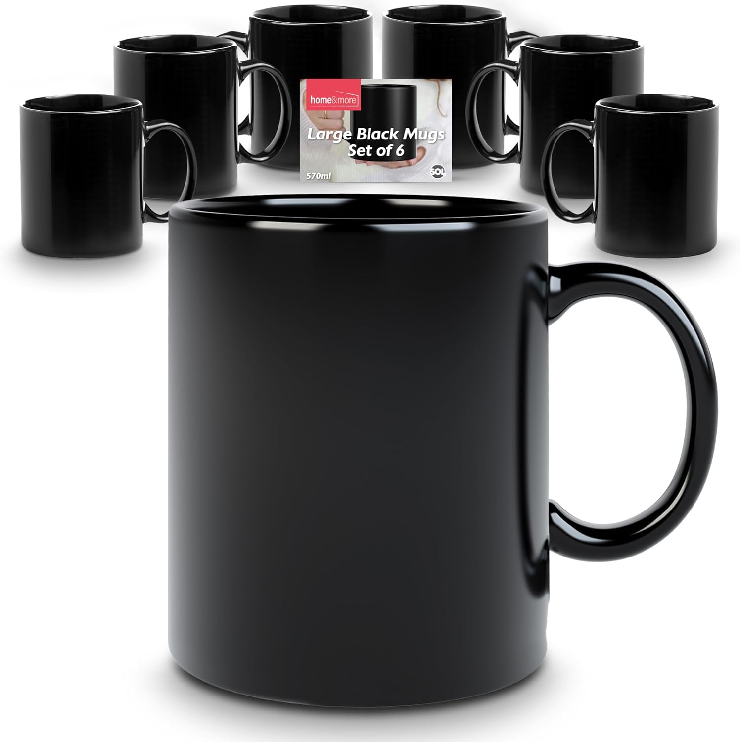 Large Black Mugs Sets of 6 570ml Pint Mugs for Hot Drinks Ceramic Coffee Cup Big Mugs with