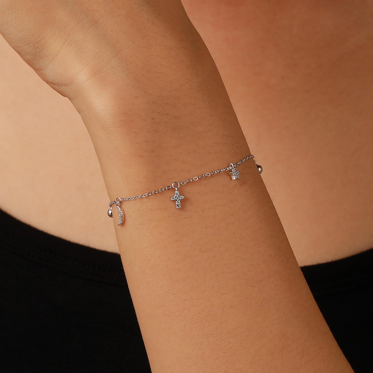 SUYACS 925 Sterling Silver Star Moon Cross Bracelets for Women Dainty 14K Gold Plated CZ Crescent Link Bracelet Christian Religious Friendship Charm Chain Jewelry Birthday Gifts to Daughter - Image 3