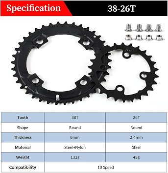 BUCKLOS 64/104 BCD Bike Chainring Set with Pin, Steel CNC Alloy Double/Triple MTB Chainring 22T 24T 26T 32T 38T 42T 44T 4 Bolts Mountain Bicycle Chainrings 8 9 10 Speed Compatible