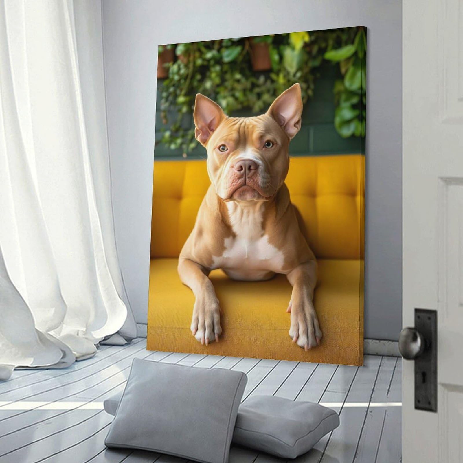 Junmoney Pitbull Dog Portrait on Yellow Couch Wall Art Print, 24x36inch(60x90cm), for Entryway, Lounge Links Or Small Walls, Decorative Wall Art for Narrow Spaces