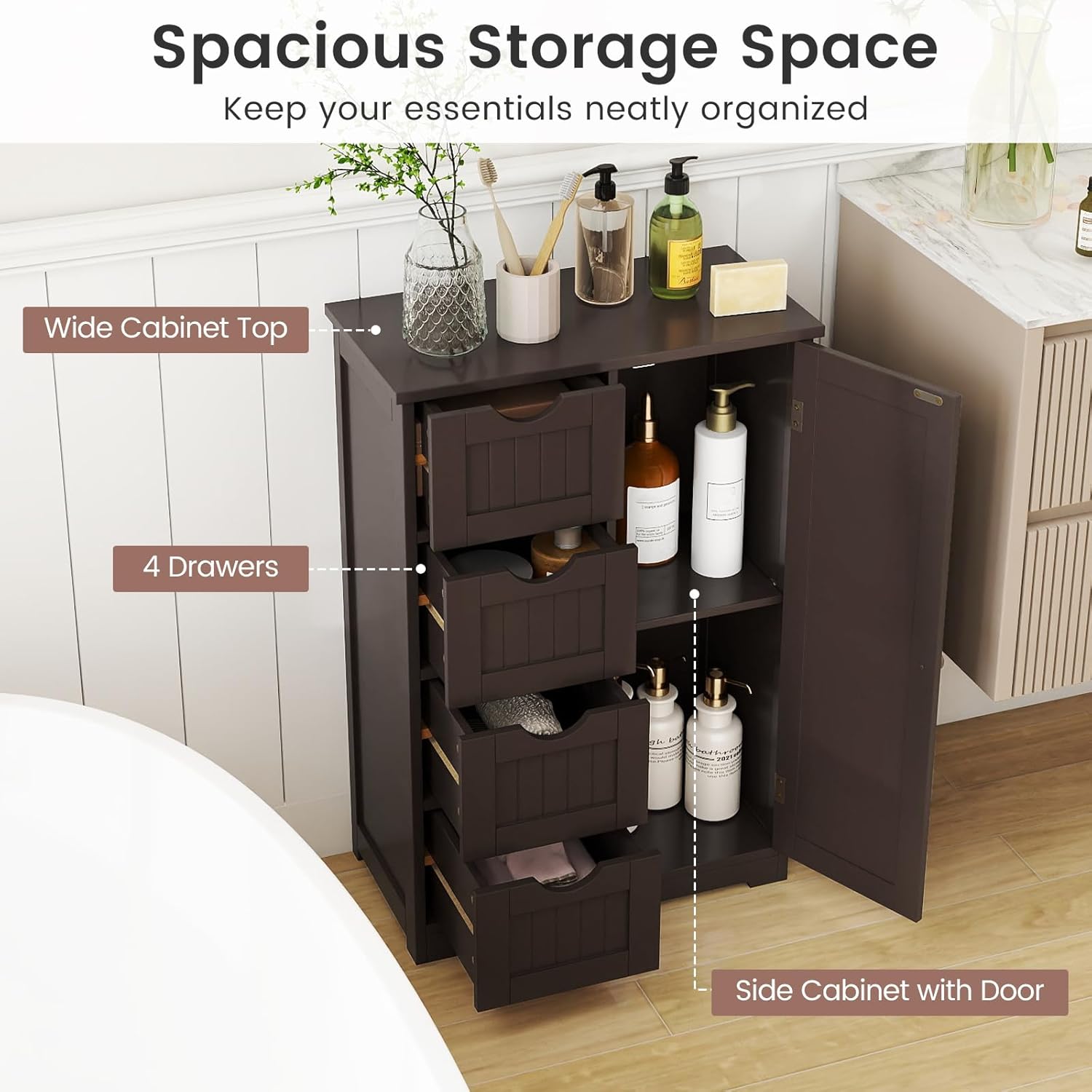 DORTALA Bathroom Floor Cabinet, Side Storage Organizer w/ 4 Drawers, Wooden Storage Cabinet w/Adjustable Shelf in 3 Positions for Bathroom, Dark Brown