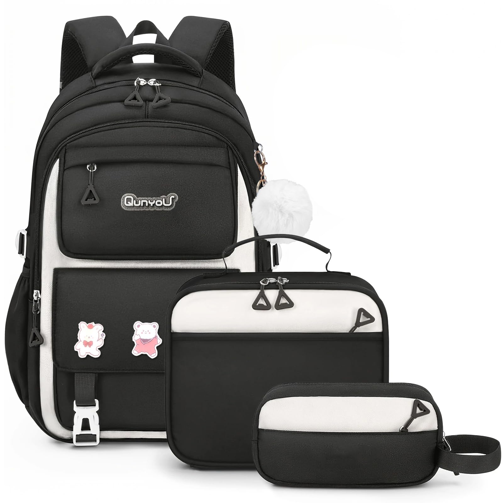 Amythe Ensemble de Sac à Dos Fille Primaire 3 Pièce, 2025 Cartable Enfant Scolaire avec Sacs à Déjeuner et Trousse Crayon, Sac Ecole Fille pour CP CE CM 6 à 12 ans-Noir