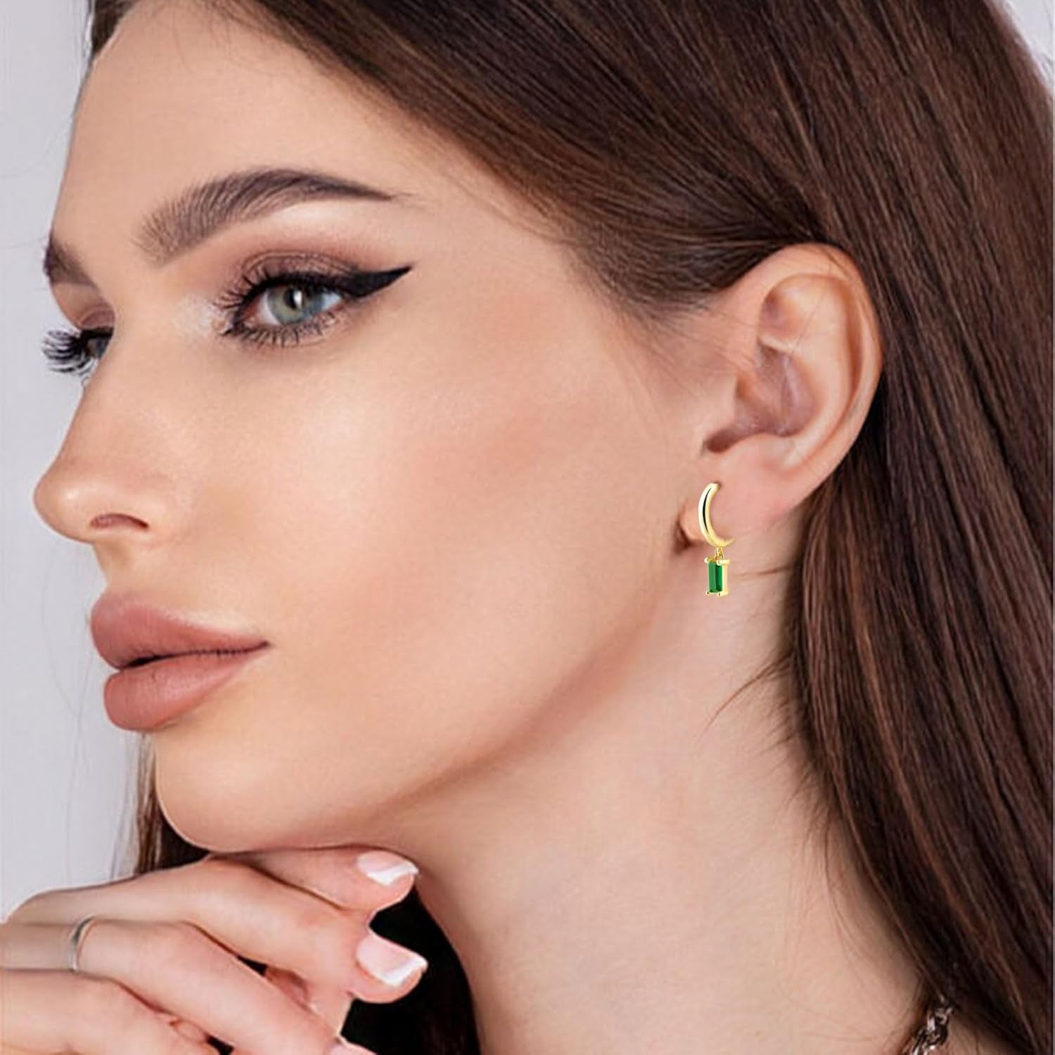 Baguette Drop Huggie Hoop Earrings, Natural Crystal Dangle Drop Earrings, 14K Gold Plated Hypoallergenic Small Hoop Drop Earrings for Women Girls Gifts - Image 4