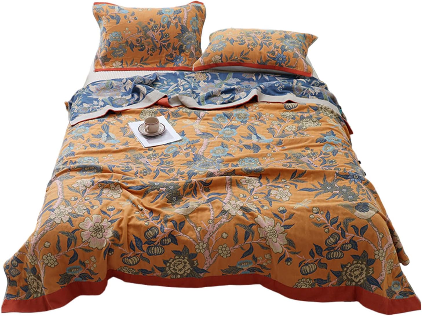 Muslin Boho Throw Blanket for Bed Couch Strawberry Flower Summer Cotton Farmhouse Breathable Lightweight Quilt Ultra Soft Travel Blanket for All Season 80x90 Inch(Strawberry Flower, 80x90 Inch)