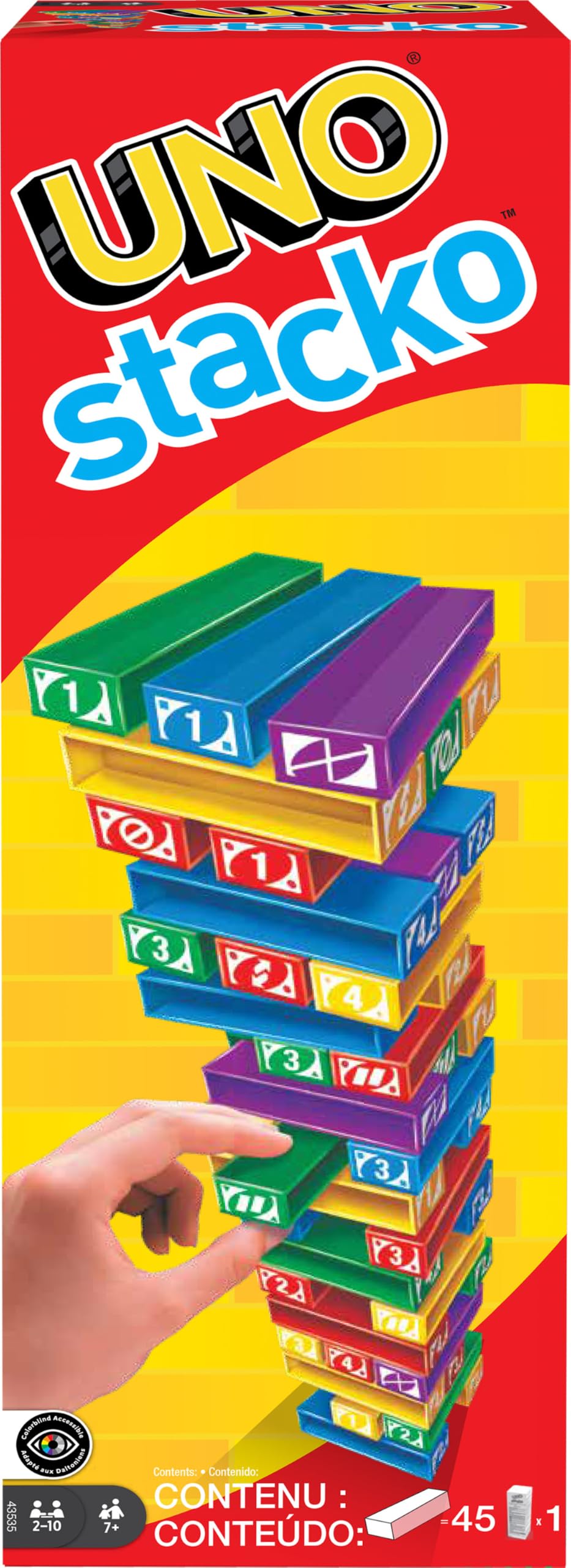 Mattel Games UNO StackoGame for Kids and Family with 45 Colored Stacking Blocks, Loading Tray and Instructions, Makes a Great Gift for 7 Year Olds and Up (43535)