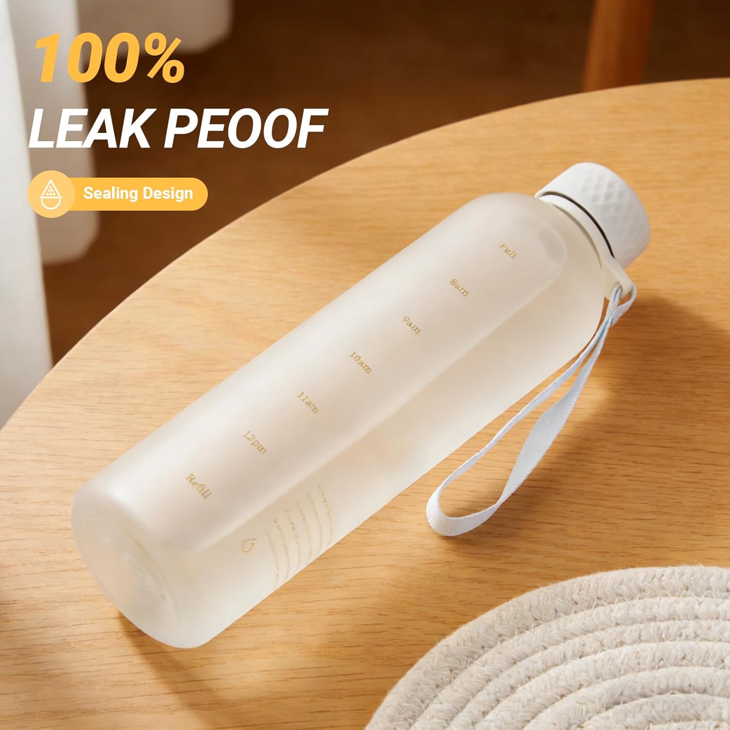 Sursip Slim Water Bottle 32 oz, Lightweight Shatterproof Tritan Water Bottle with Leakproof Screw Lid, Motivational Time Markers & Carry Strap, Fits Backpack & Cup Holder for Gym, Travel, School