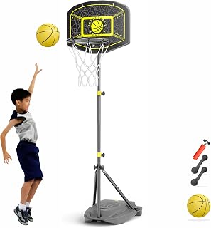 HAHAKEE Kids Basketball Hoop, Height-Adjustable 2.9 FT-6.1 FT, Indoor and Outdoor Basketball Set with Ball and Pump for Kids Age 3-8