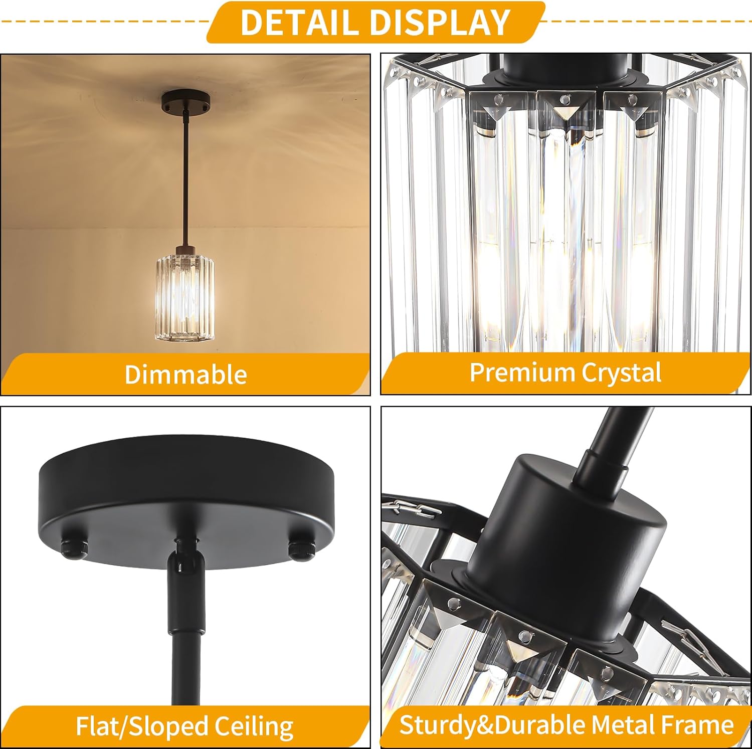 2-Pack Black Pendant Lights Kitchen Island Modern Crystal Hanging Pendant Light Hexagonal Mini Chandelier Adjustable Hanging Kitchen Lights for Dining Room Hallway Bedroom Entryway Light Fixtures