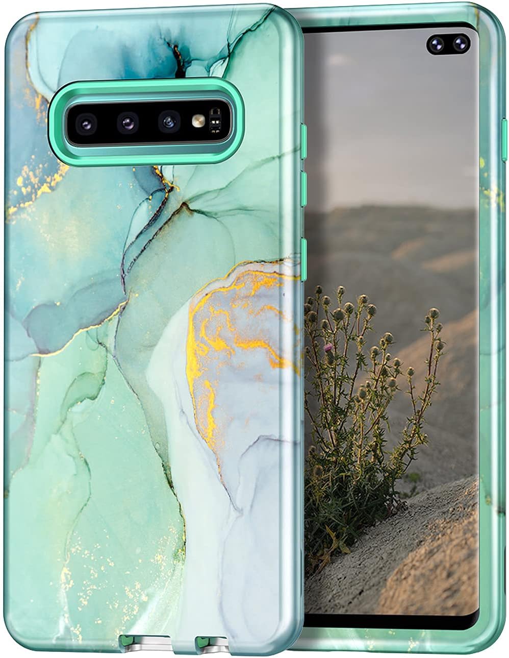 Lamcase Compatible with Galaxy S10 Plus Case, Heavy Duty Full Body Shockproof Hybrid Hard PC Soft TPU Rubber Three Layer Rugged Drop Protection Cover for Samsung Galaxy S10 Plus (2019), Green Marble