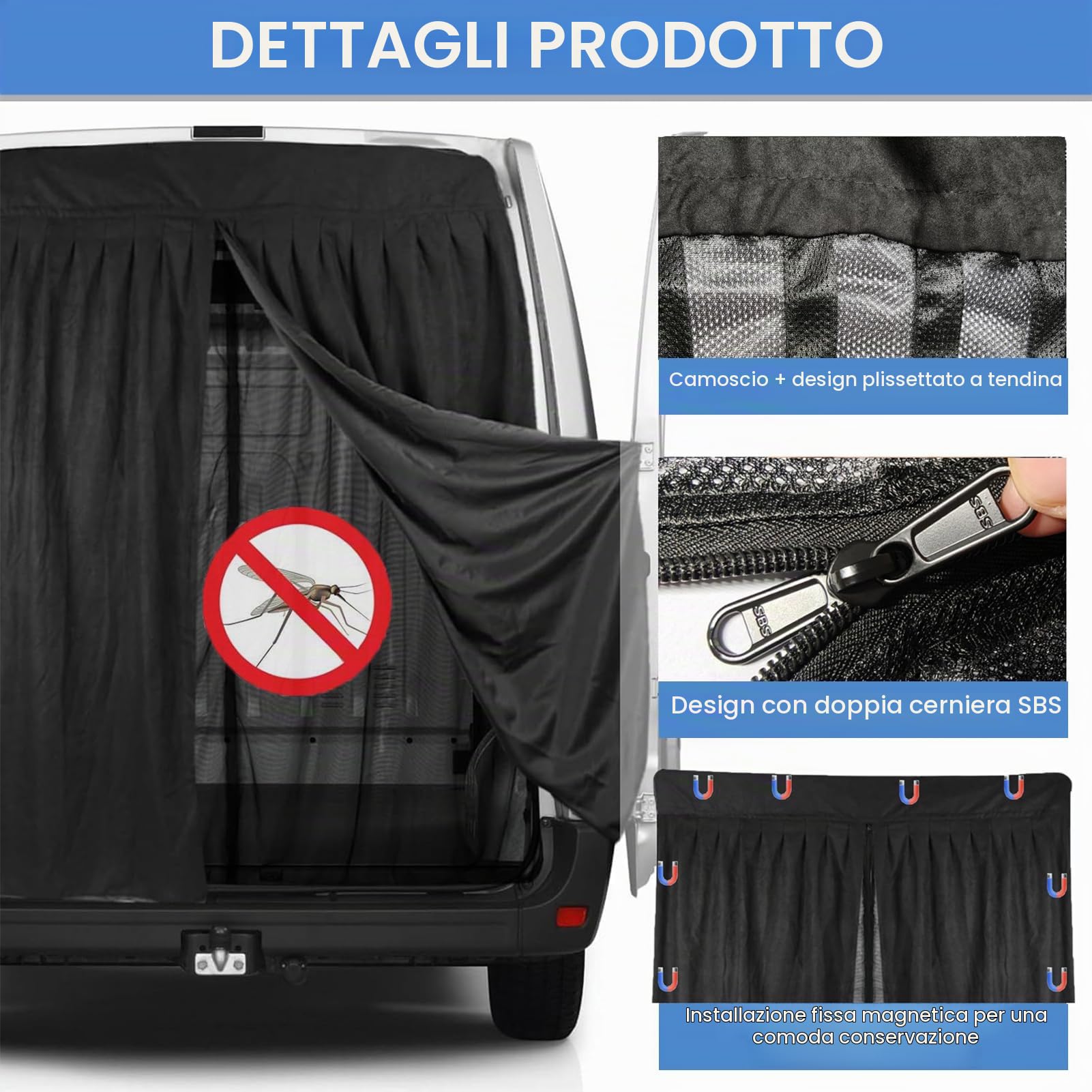 Zanzariera Magnetica In Rete per Auto a Due Strati, 155 x 135 cm, Nero, Tessuto, Nylon, Universale, Compatibile con Furgone, Camper, Automobile, Camion