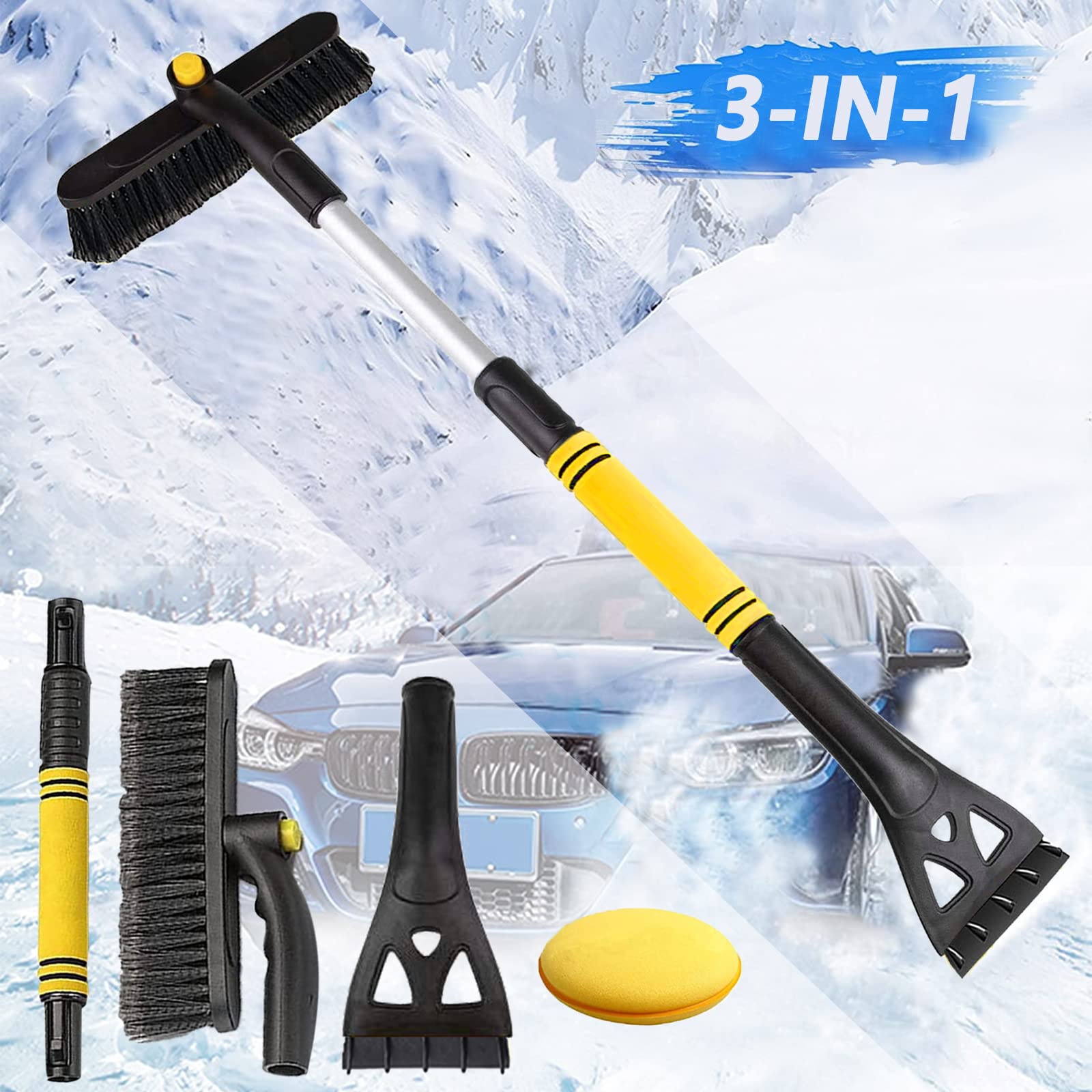 Snow Brush, 3 in 1 Snow Brush for Car with Ergonomic Foam Grip, Detachable Snow Brush, 360° Pivoting Snow Brush for SUV, Car