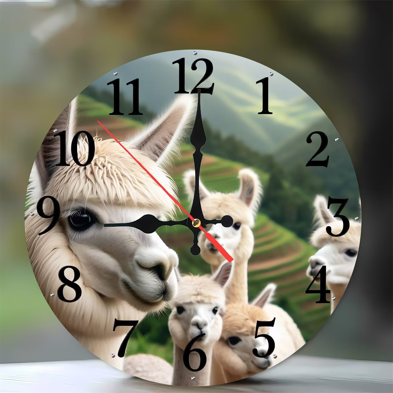 Horloge murale 35 cm en bois motif alpagas mignons pour décoration salon