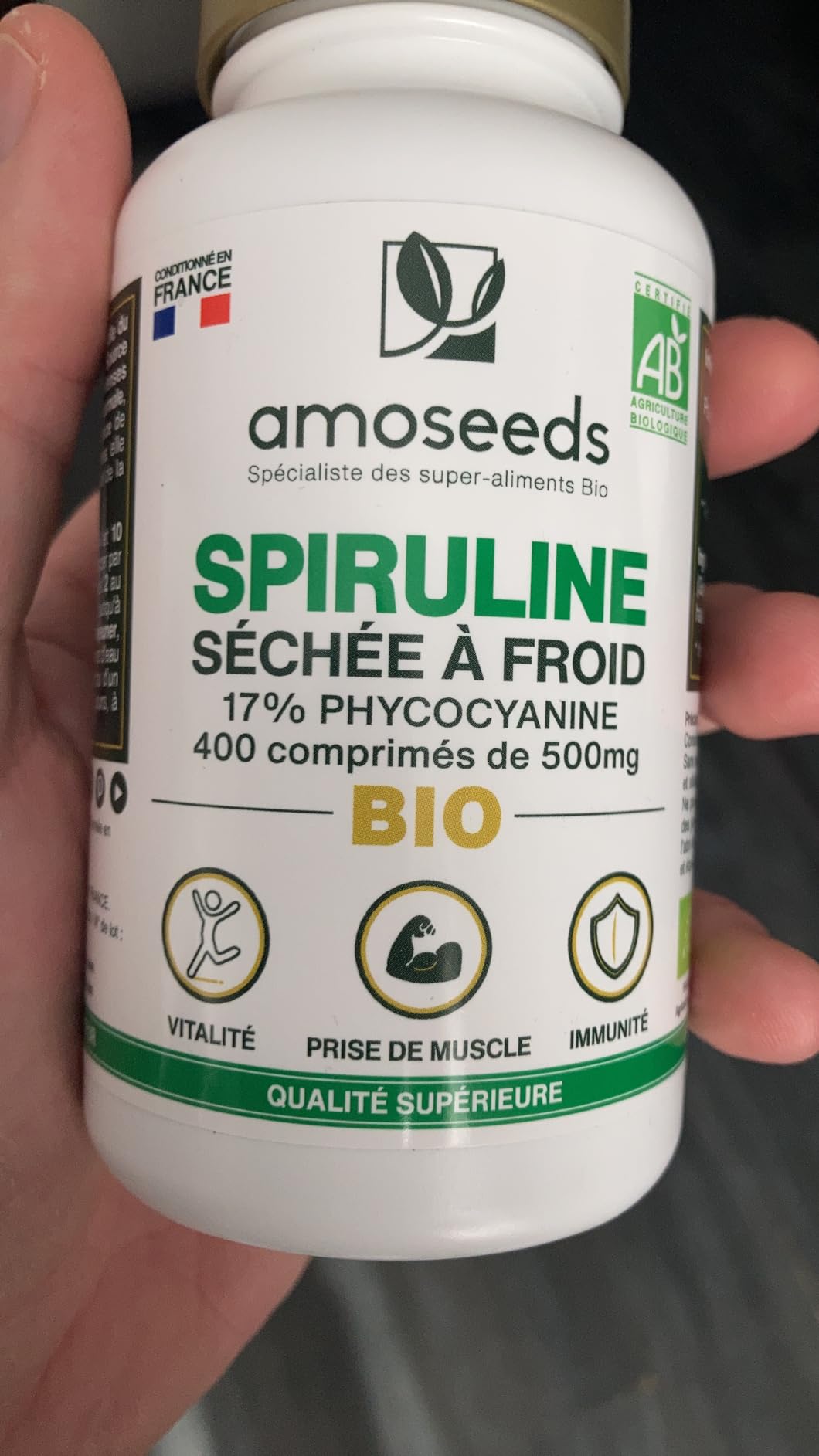 Spiruline Sèche à Froid AMOSEEDS – 400 Comprimés De 500mg, Pér. 02/27, Énergie & Tonus
