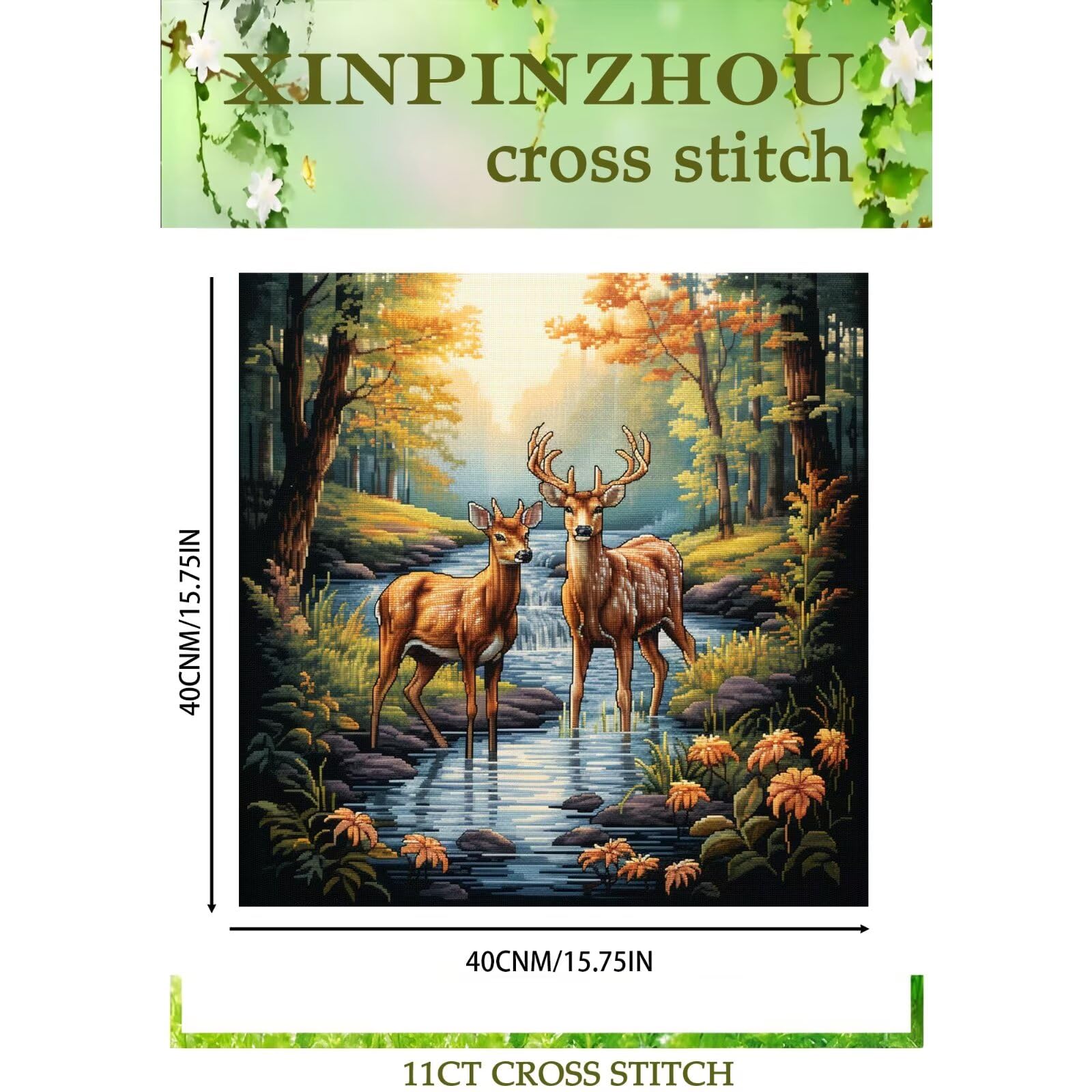 Xinpinzhou Fawn 11ct Cross Stitch Kits, 11 CT Funny Pre Printed Counted Stamped Cross Stitch Embroidery Needlepoint Deer Animals Patterns Kits for Beginners Adults Crossstitch 40 x 40 cm