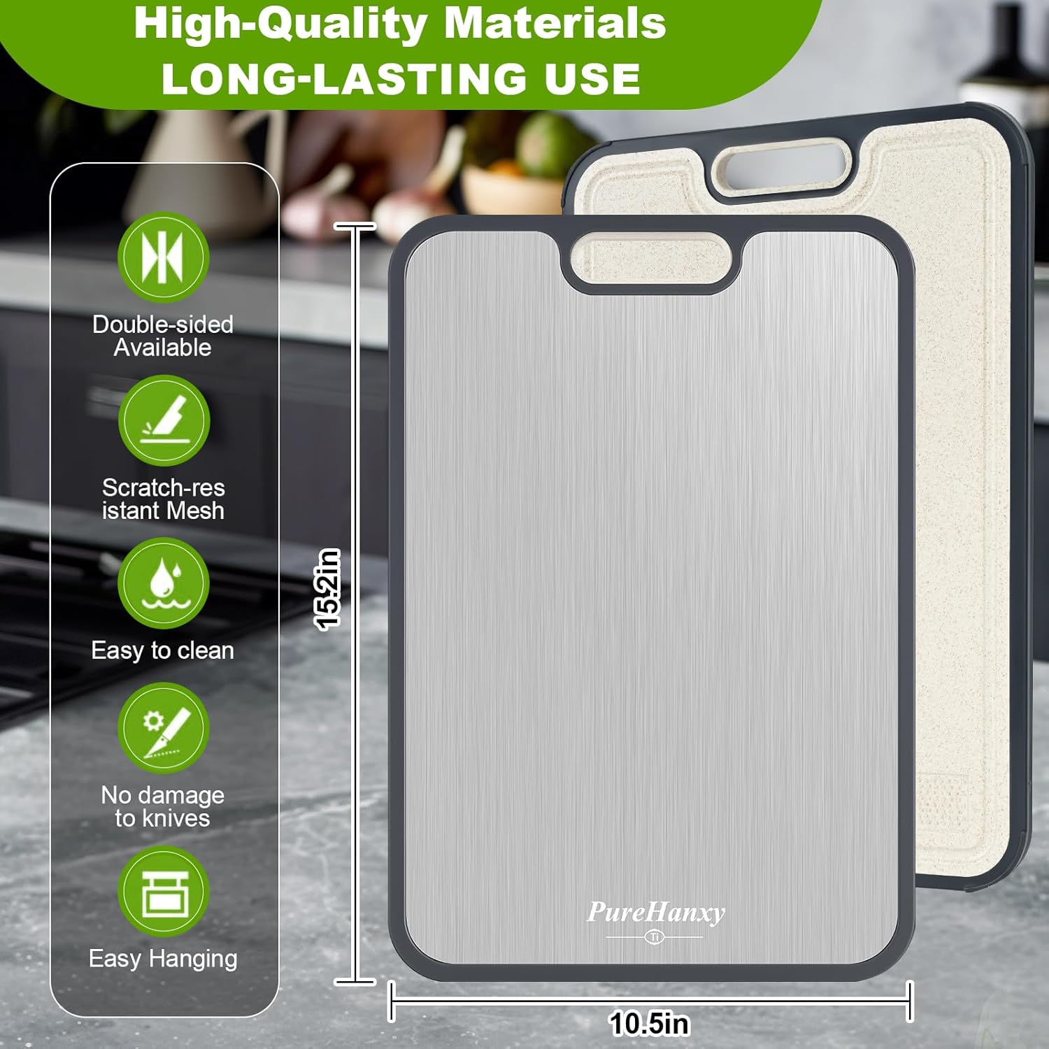 Titanium Cutting Board for Kitchen,2-in-1 Double Sided Food-Grade Pure Titanium&Wheat Straw PP,Non-Toxic，Non-Slip，Ideal for Meat,Fruit，Vegetables & Family Cooking ，Easy to Clean Large Size 15.2”×10.5”