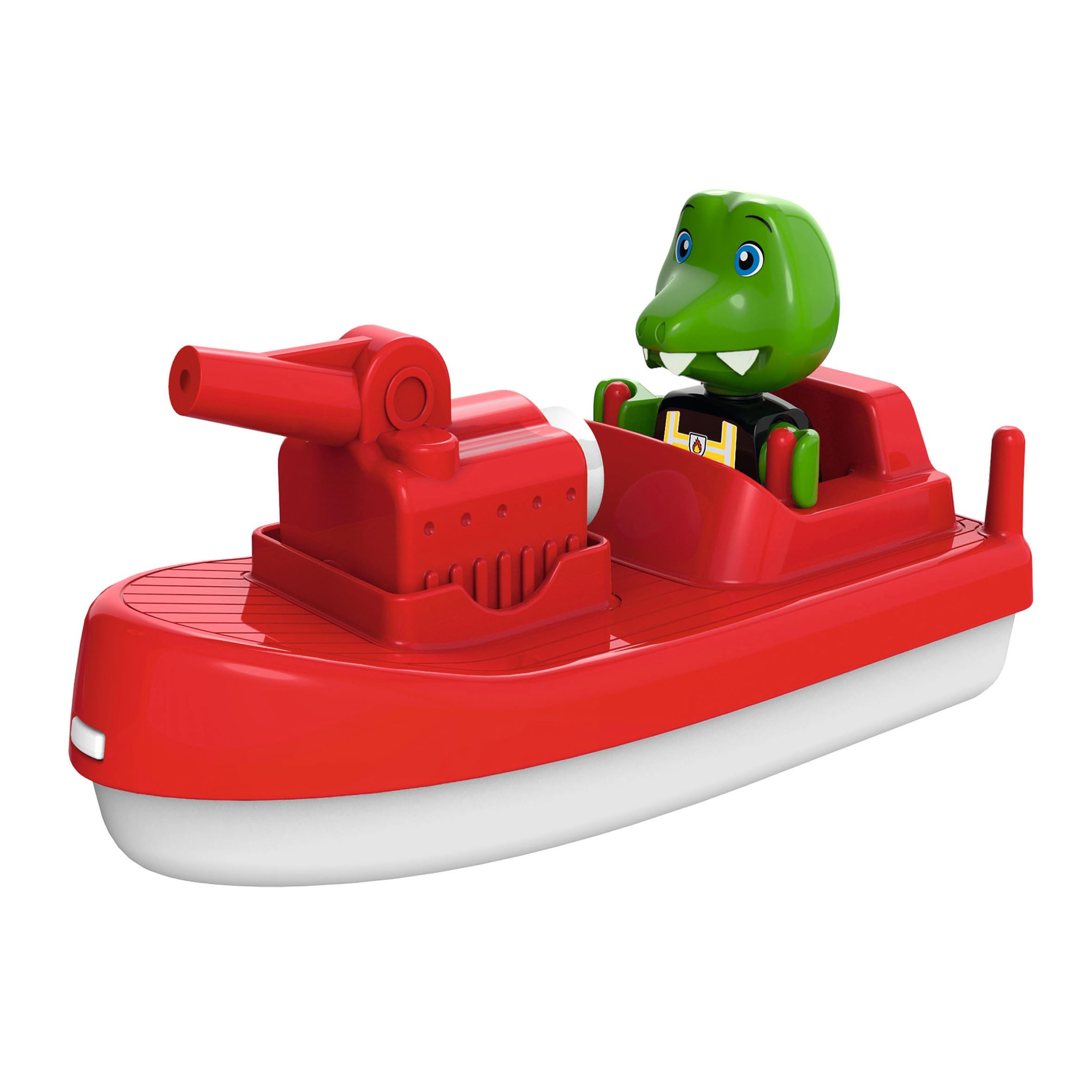 AquaPlay 8700000273 FireBoat Accessories Waterways or for The Bath, Fire Brigade Boat with Sven Crocodile, Water Spray Function, for Children from 3 Years, red