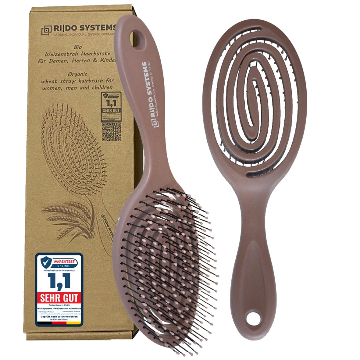 Ri|Do Systems Bio-Haarbürste ohne Ziepen – Detangler und Entwirrbürste für Frauen, Männer & Kinder – für Locken, nasses, langes & feines Haar – Antiziepbürste – Hair Brush & Reisebürste - chocolate