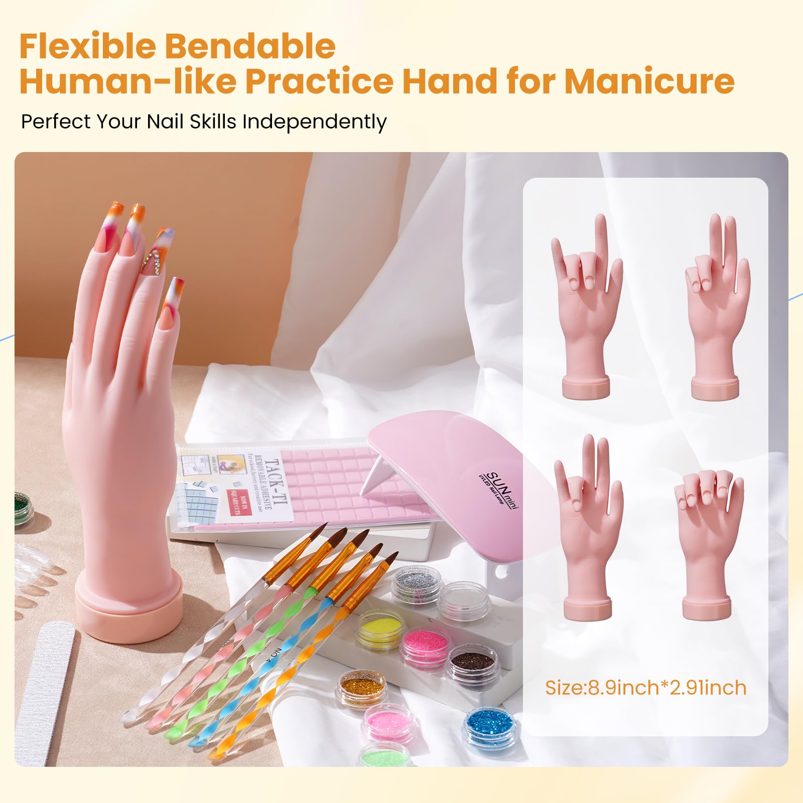 Yokilly Kit Uñas Acrilicas Completo: Acrilico Para Uñas con UV Lámpara ,Mano Para Practicar,Limador De Uñas Electrico - Kit Uñas Semipermanentes Gel Polvo Acrilico Para Uñas con Bolsa Rosa (Plateado)