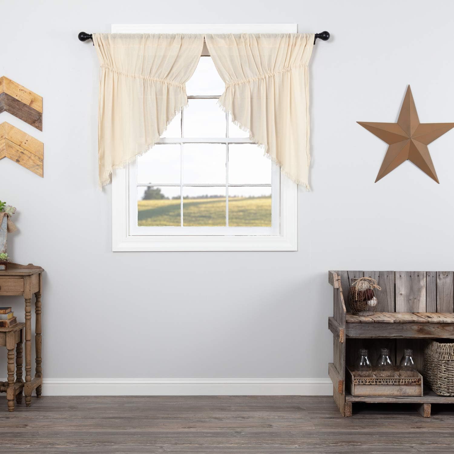 VHC Brands Tobacco Cloth Collection Farmhouse Kitchen100% Cotton Country Window Curtains-Fringed Prairie Swag Pair, 2 pc Set, Natural