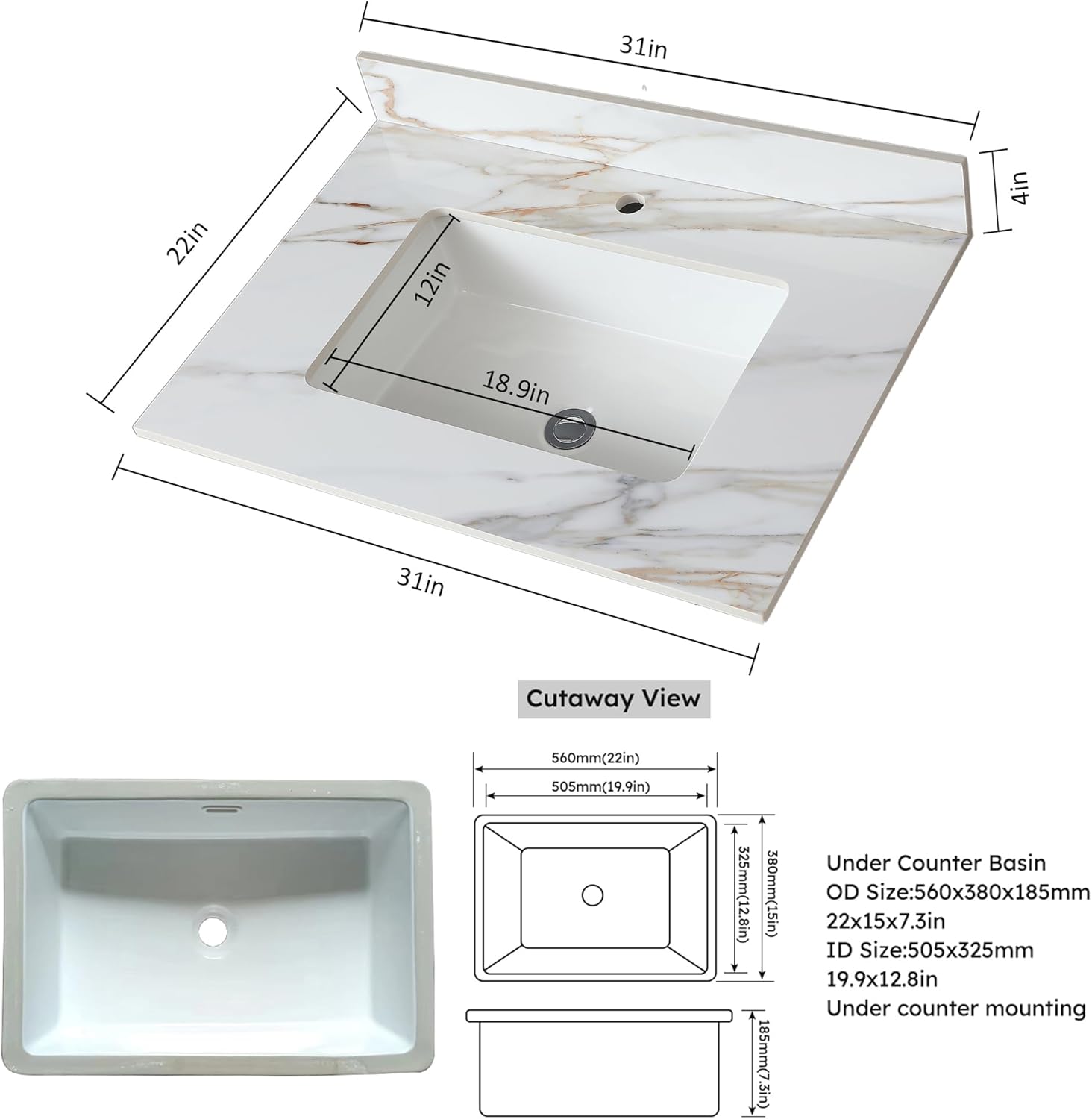 31" Bathroom Vanity Top with Ceramic Undermount Sink & Backsplash,Calacatta Gold Sintered Stone Counter Top, Single Hole Vanity Sink Top