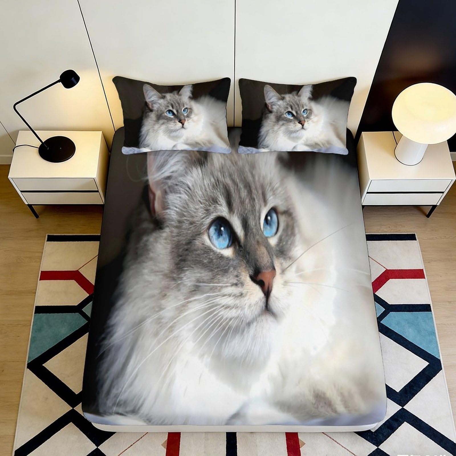 3D Printed Cat Fitted Sheet Microfiber Deep Pocket Non-Slip Cat Mattress Fitted Cover Elastic Full Wrap Washable Bedroom Bedding 200x200x25cm
