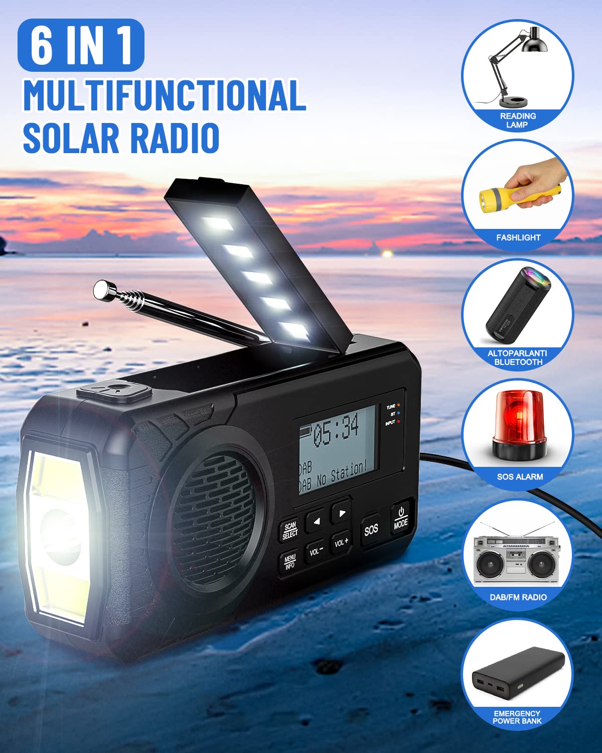 UOHHBOE Radio Solaire Dab/FM 5000mAh Radio Portables USB-C Rechargeable Dynamo Survie avec Manivelle Lampe Poche Lampe Lecture Alarme SOS pour Camping Randonnée Urgence
