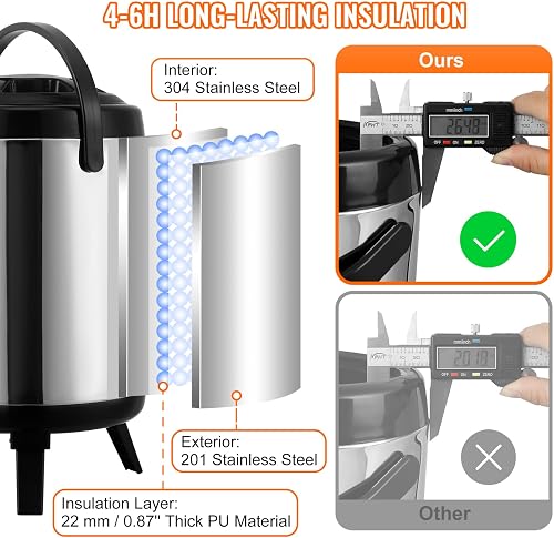 VEVOR Stainless Steel Insulated Beverage Dispenser, 1.5 Gallon 6 Liter, Thermal Hot and Cold Drink Server Dispenser with Spigot Handle, Food-Grade for Hot Tea Coffee Water Restaurant Drink Shop - 3