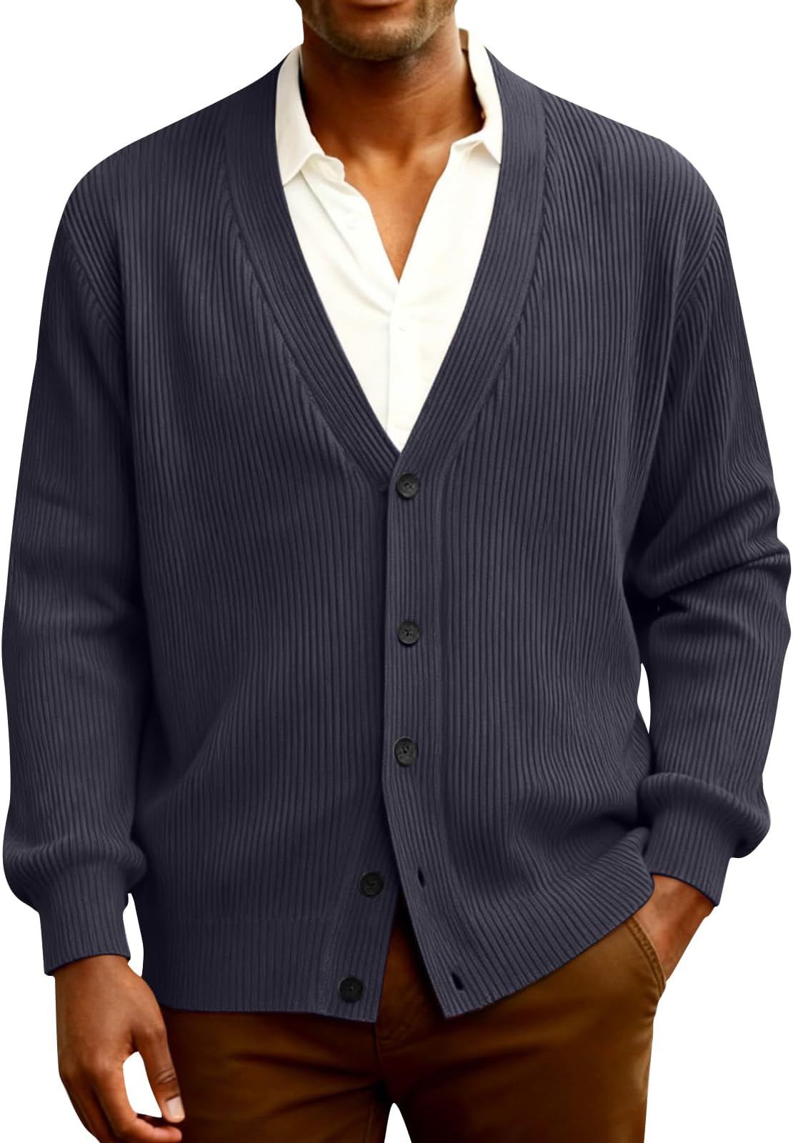 Men's Cardigans Vintage Solid/Plaid Cable Knit Ribbed Sweaters Jumpers Lightweight Classic Long Sleeve V Neck Button up Knitwear Sweater Cardigans for Men UK