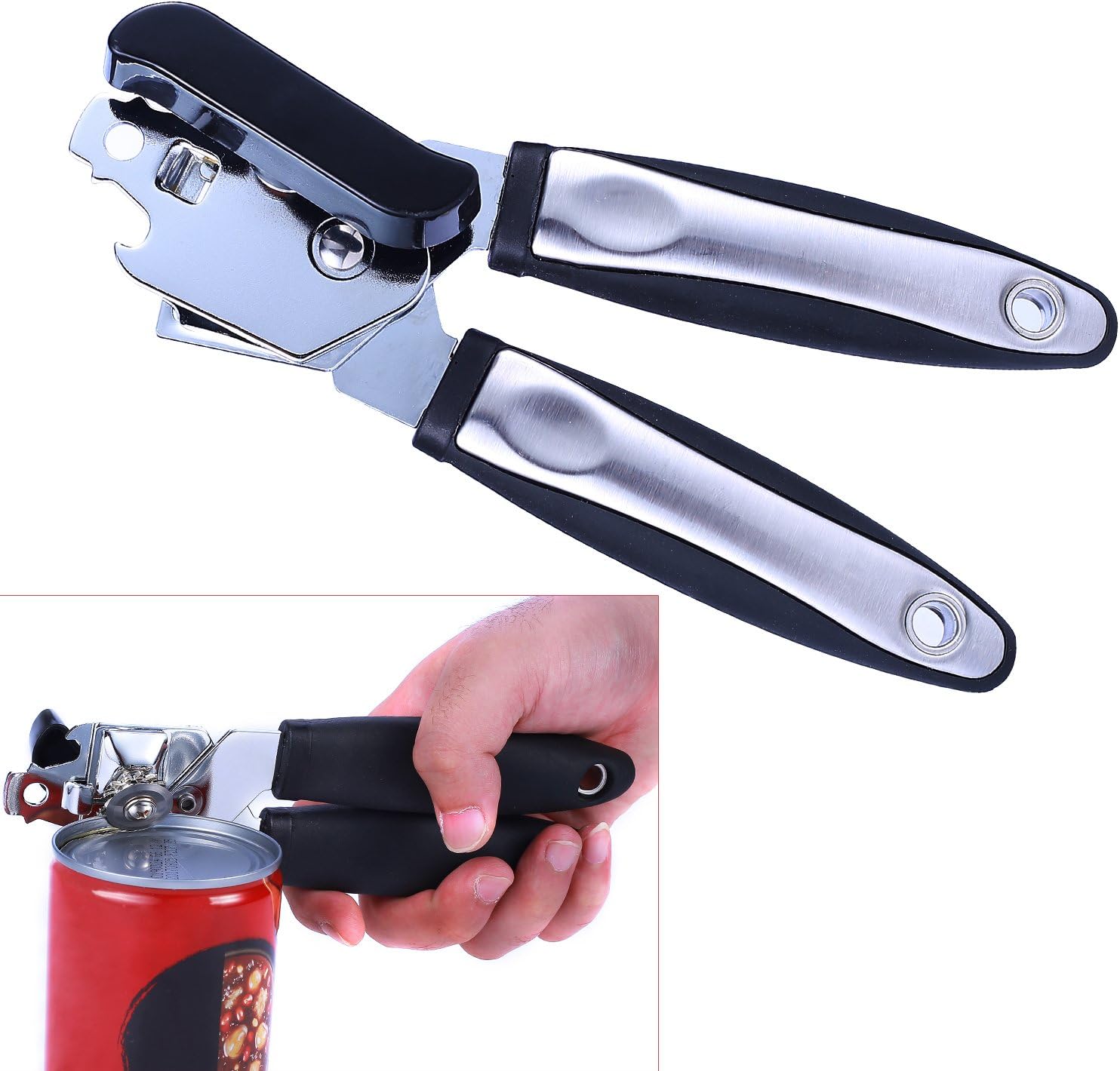 Can Opener，Build in Bottle Opener and Lid Lifter，Manual Heavy Duty Ergonomic Anti-Slip Soft Grips Handle,Safety Smooth Edge No Sharp Cuts
