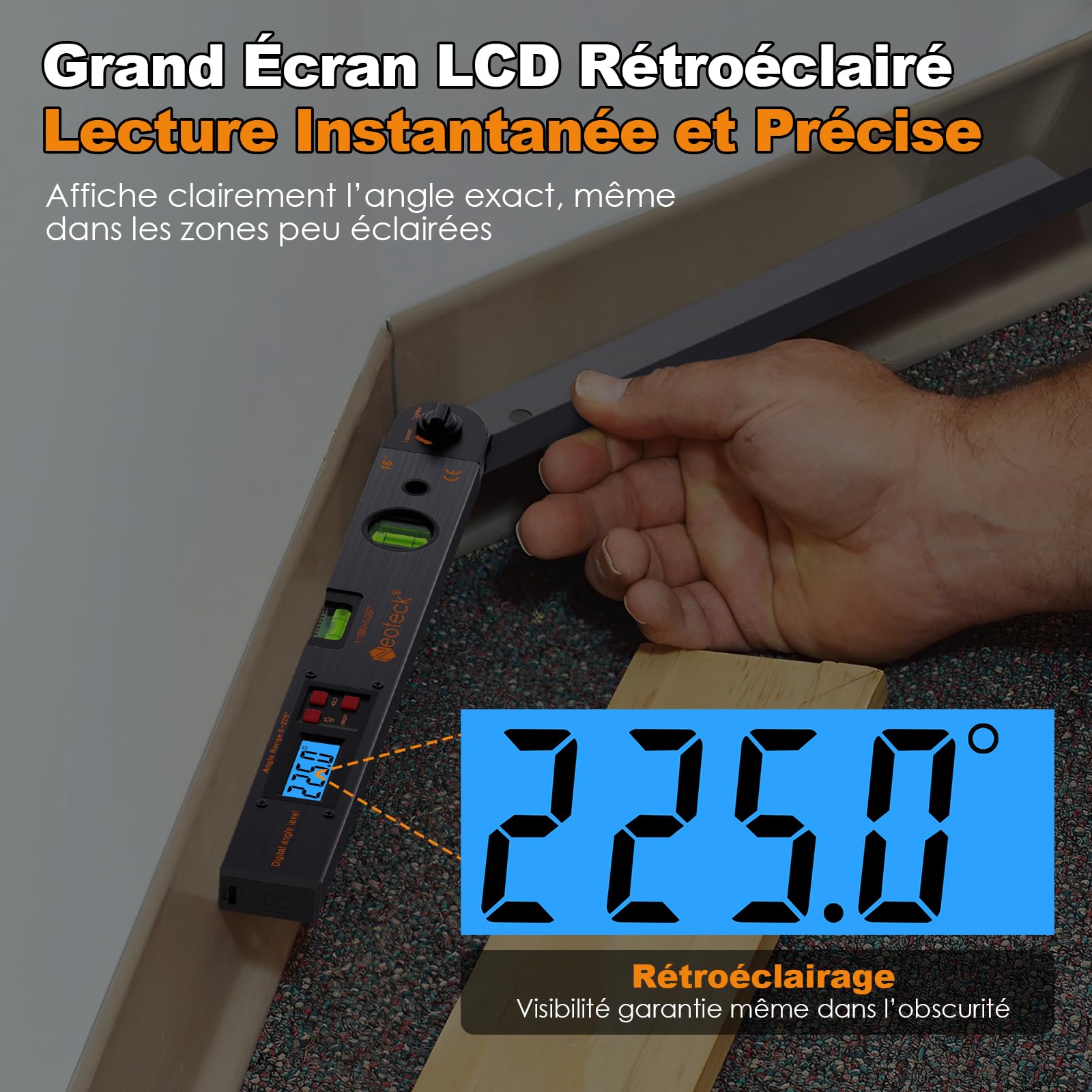 Neoteck 400mm/0~225°Rapporteur d’Angle Numérique – Règle Angle avec Niveau Bulle, Écran LCD Rétroéclairé, Fonction HOLD, Étui et Pile – Outil de Mesure Précis pour Menuiserie, Toiture, Chantier-Noir