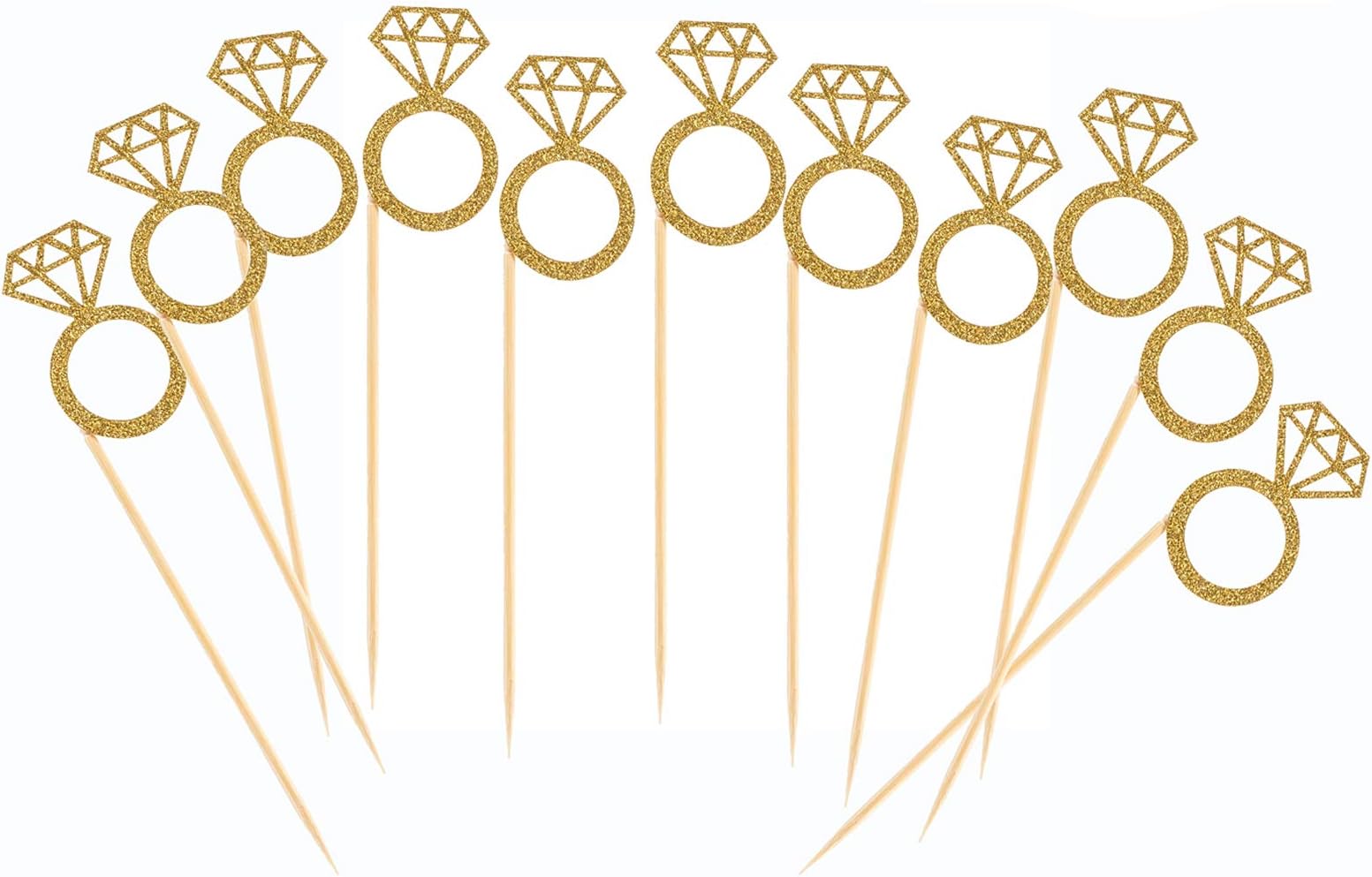50 Pack Cupcake Toppers Gold Glitter Mini Diamond Ring Cakes Toppers for Marriage Engagement Anniversary Birthday Valentines Party Cake Decor