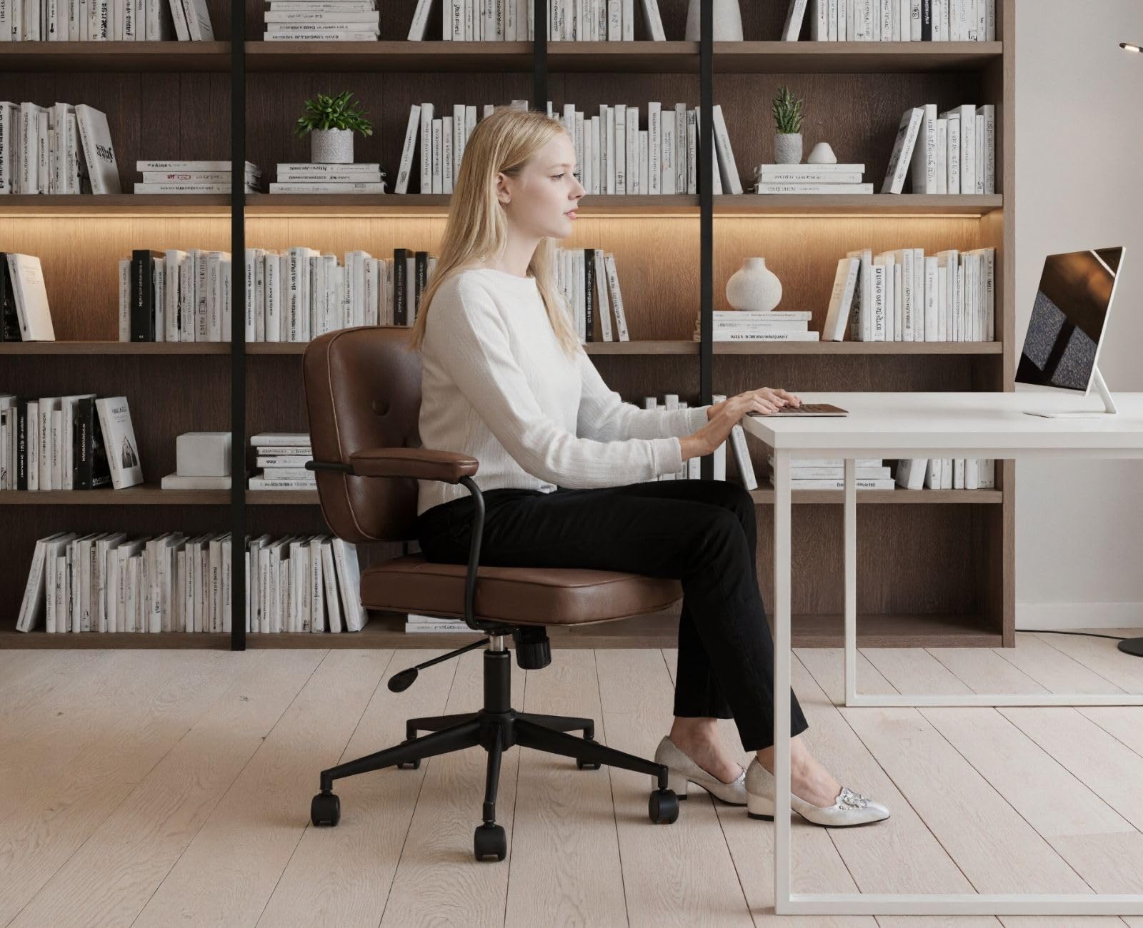 chairus Chaise de Bureau Ergonomique avec roulettes, Chaise Pivotante en Cuir PU pour Chambre, Fauteuil de Bureau Hauteur Réglable, Marron
