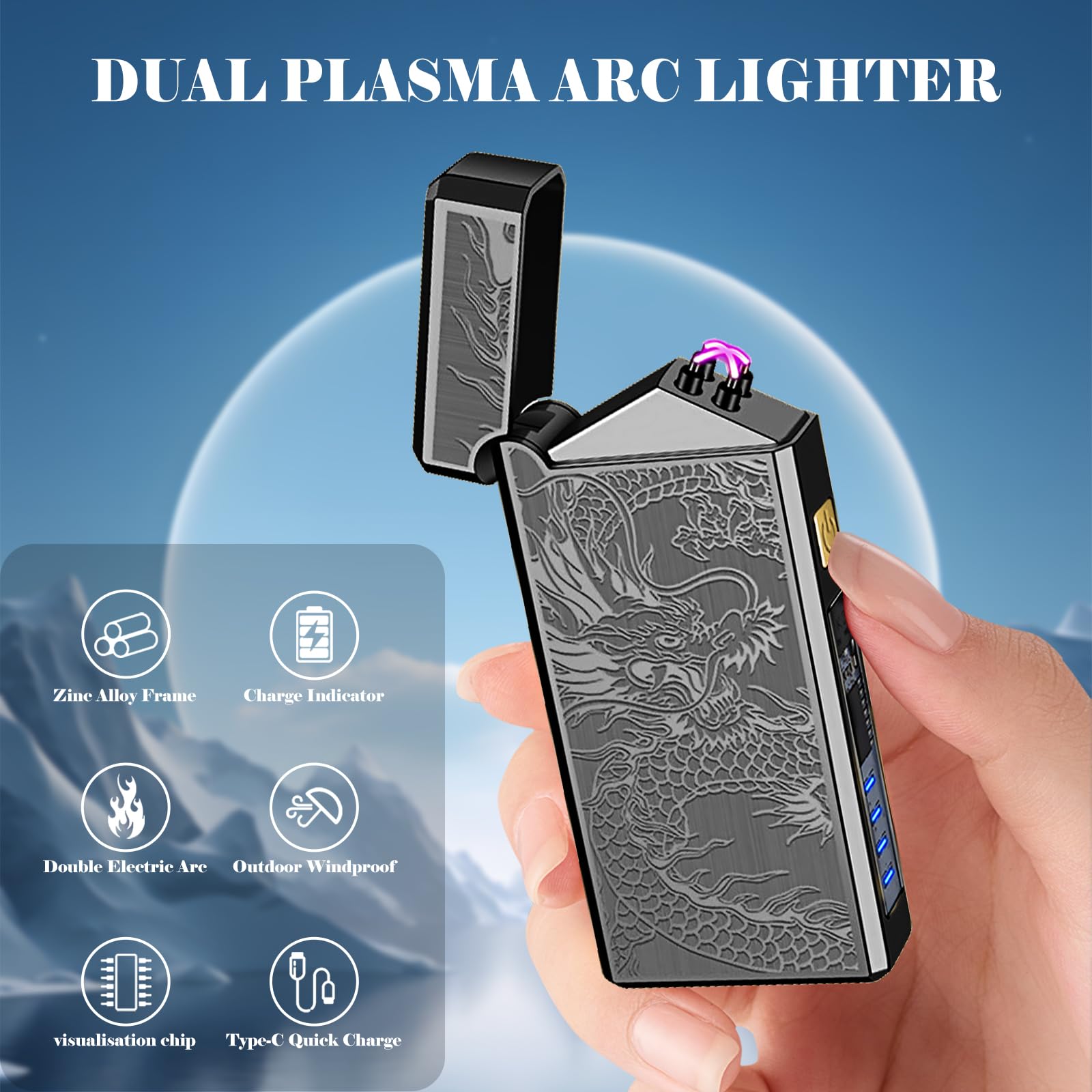 SKRFIRE Encendedor de plasma de doble arco, recargable por USB, resistente al viento y sin llama, con indicador de batería LED para camping, barbacoa, parrilla, hoguera, vela, al aire libre (dragón