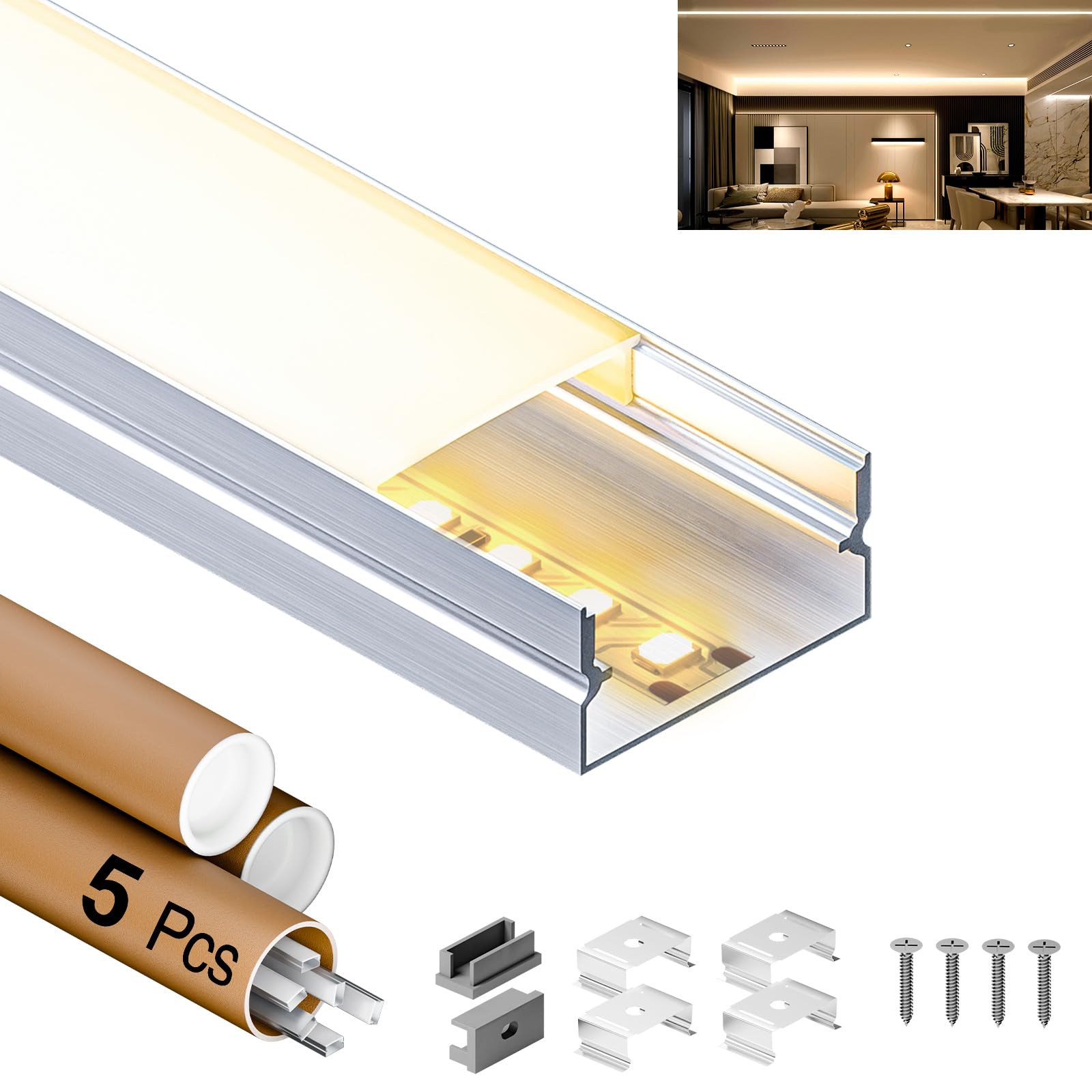 5 x Profilo LED 2 m, Profilo a U in alluminio per strisce LED fino a 17 mm, (10 m) Dimensioni 19,7×10 mm, Schiena LED con copertura lucida, Set completo di canale LED con tappi terminali, clip