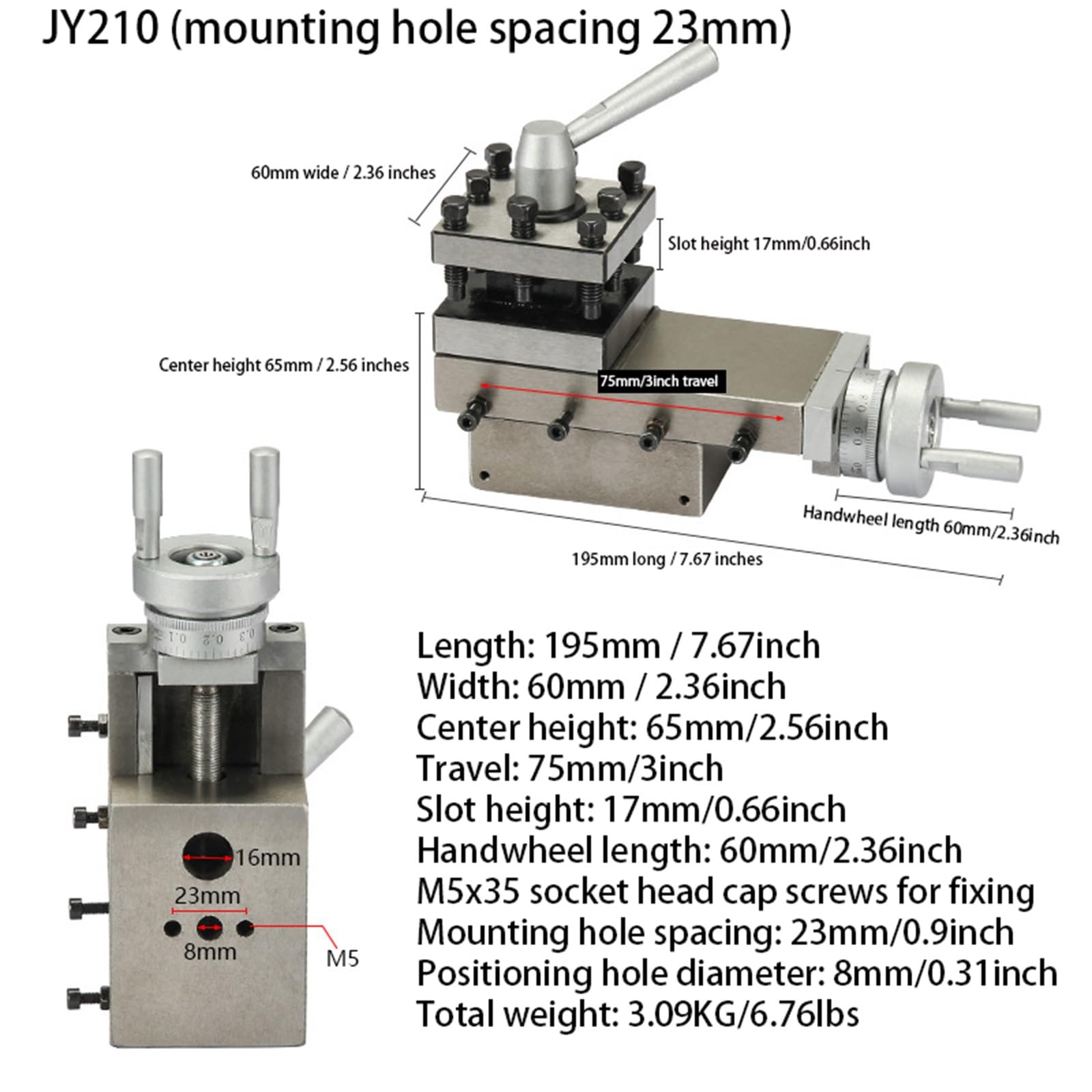 Uchwyt narzędziowy do tokarki JY210, wysokość środka 65 mm, 75 mm, wrzeciono trapezowe Tr16×4, do tokarki stołowej, obróbka stali aluminium mosiądz, dla profesjonalistów i modelistów