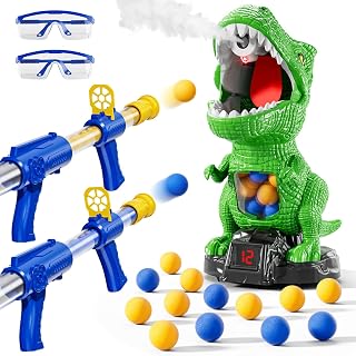 NIPLOOOW Dinosaur Shooting Target Toy for Kids 3-8: Movable Dino with 2 Air Pump Launchers, Foam Balls, LCD Scoreboard - Interactive Game Gift