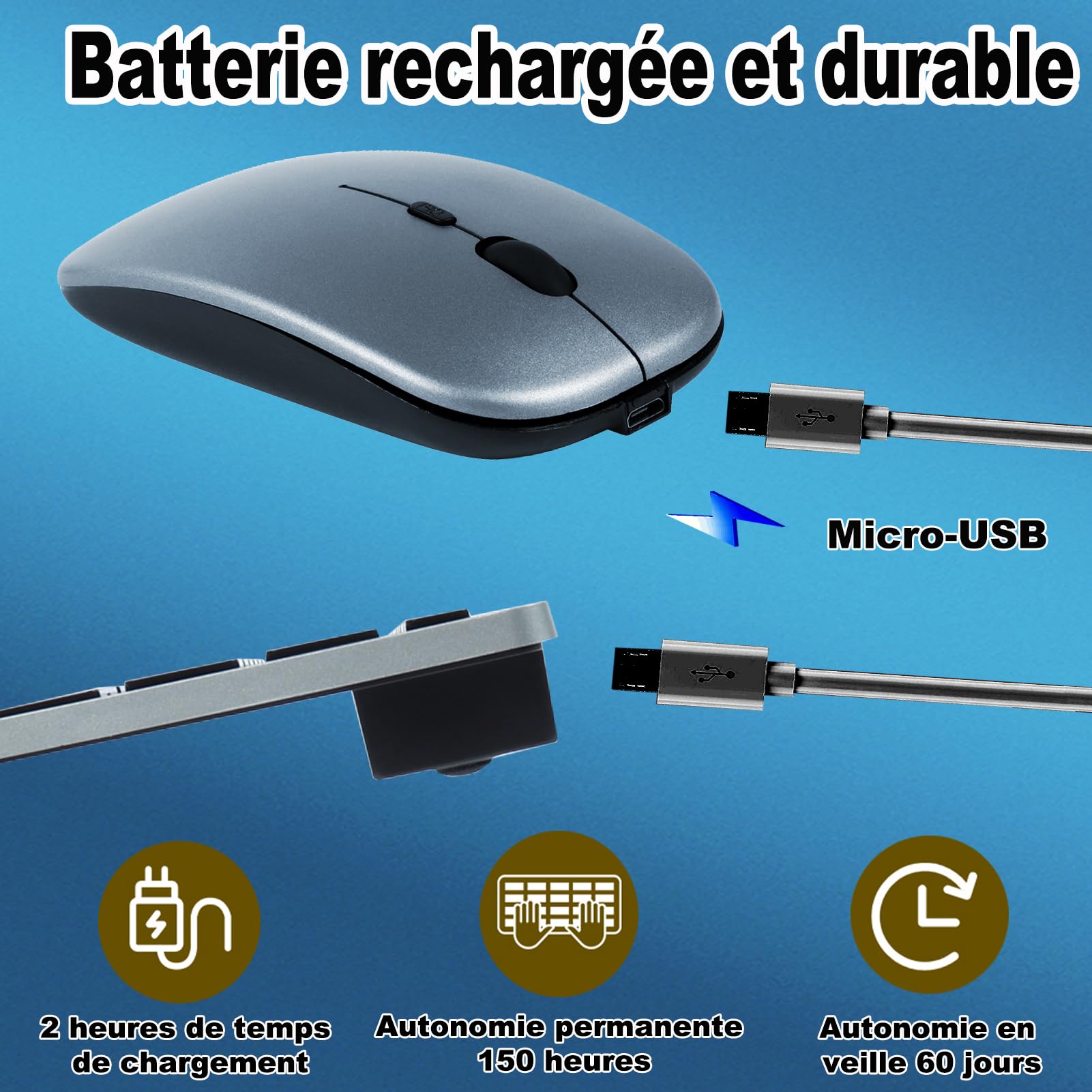 Ensembles Clavier et Souris sans Fil 2.4Ghz & Bluetooth,Clavier Souris sans Fil Rechargeable Ultra-Fin Compact,Souris Silencieuse 3 DPI Réglables,pour Ordinateur/PC/Laptop/Windows/Mac,QWERTY,Gris