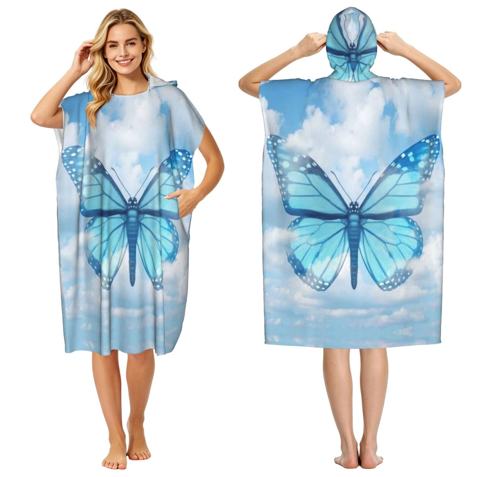EZDLOWVBA Blue Butterfly And Clouds Print Hooded Poncho Microfiber Beach Towel,Adult Women & Men Changing Robe,Lightweight Summer Surf Swim Bath Poncho Towel