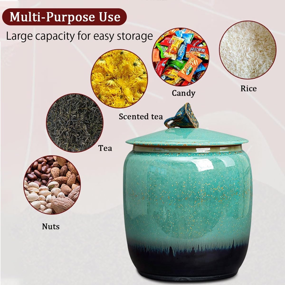 Ceramic Rice Storage Container with Lid, Grain Dispenser for Rice, Soybeans, Corn, Flour, Oatmeal, Durable and Airtight Kitchen Storage Solution