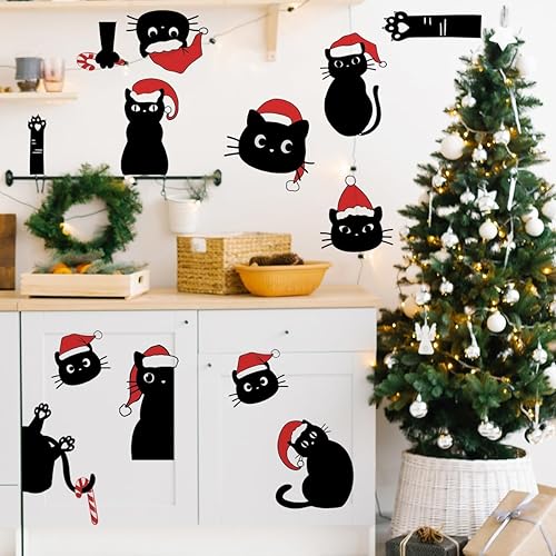 Miniatura 3 de Calcomanías de pared de gato de Navidad, calcomanías de pared de gato negro, calcomanías de pared extraíbles de Navidad para ventana, decoración