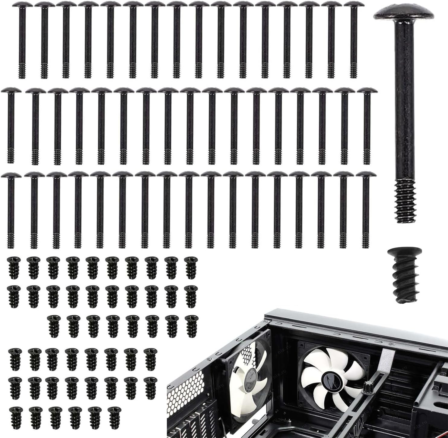 Fan Screws, Pack of 100 Computer Case Fan Screws Kit, Fan Screws, Radiator Screws, Housing Radiator Screws Components, 2 Types of Screws, Black