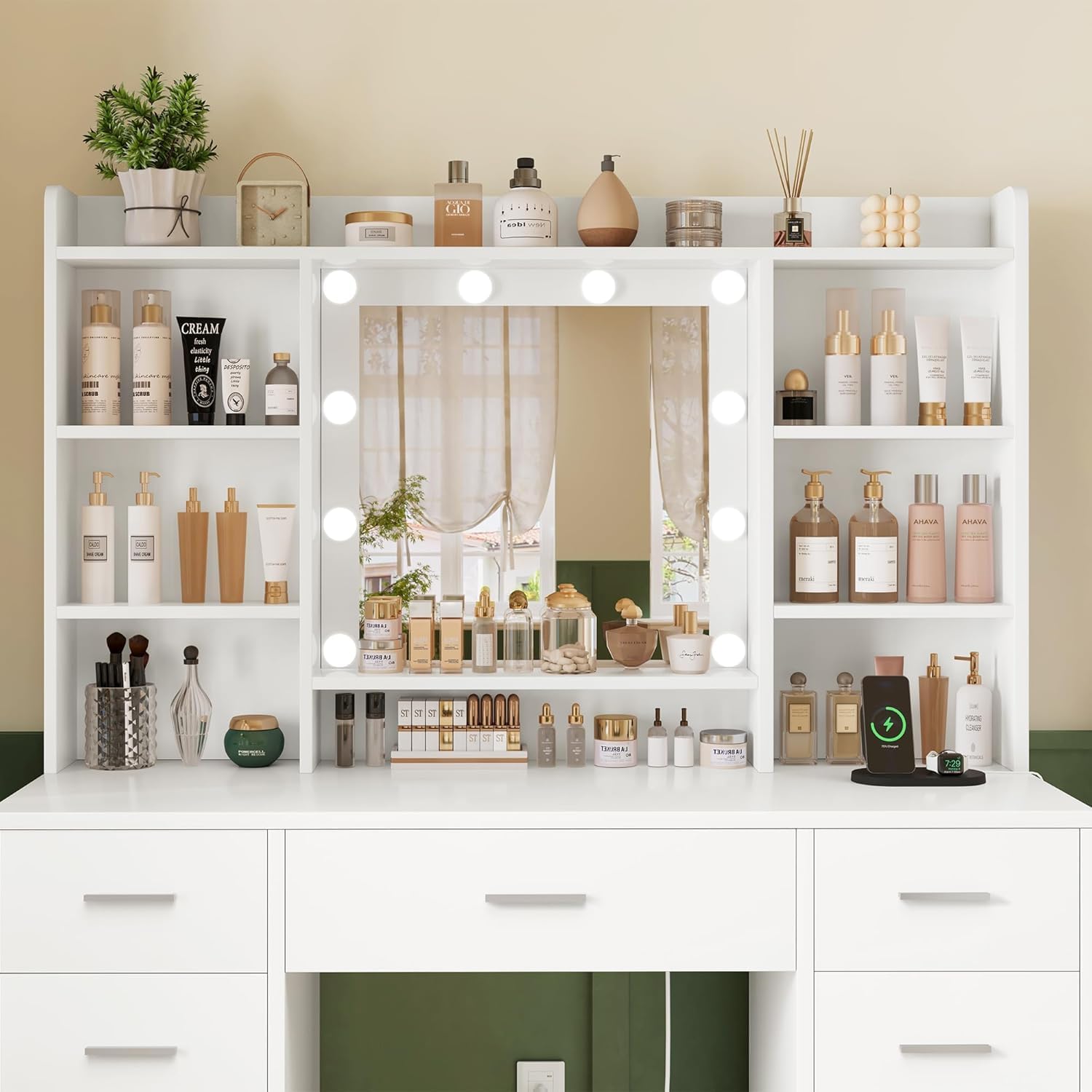 Vanity Desk with Mirror and Lights, Power Outlet, Makeup Vanity with 9 Drawers & 6 Open Storage Shelves, 3 Lighting Modes Brightness Adjustable, White