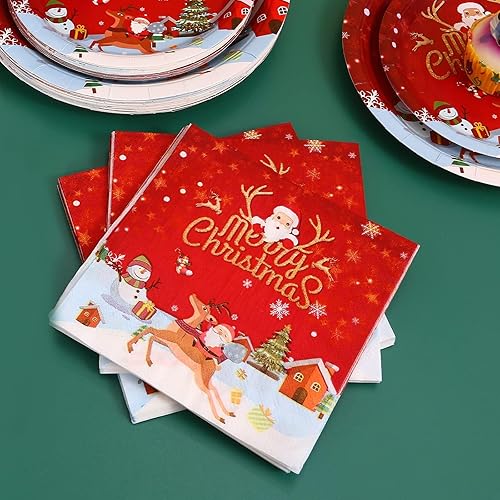 Miniatura 5 de Juego de platos y servilletas de papel de Navidad, suministros de fiesta de Navidad, incluye platos, vasos, cuchillos, tenedores, cucharas, Rojo