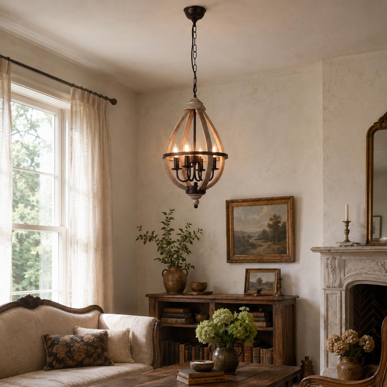Alpinaluz Lampa Wisząca 4x E14 z Naturalnego Drewna z Łańcuchem | Drewno i metal w rdzawej optyce, Ø32 x 55 cm, regulowany łańcuch 90 cm, włącznik ścienny, do jadalni lub holu