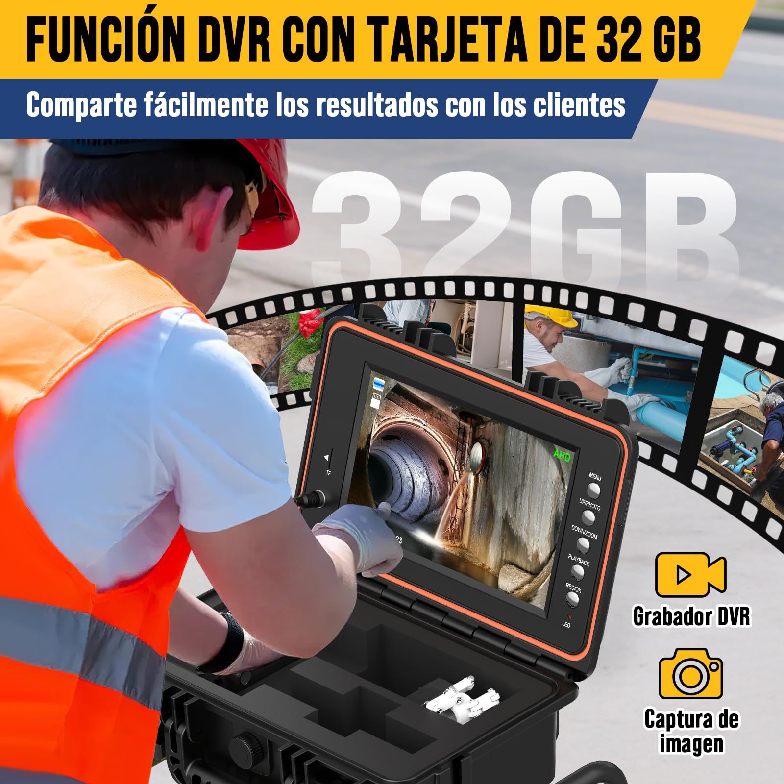 Cámara de Inspección de Tuberías con Sonda 512Hz Y Auto-Nivelación 1080P, Cable de 50M con Marcadores, Pantalla IPS HD de Nueve Pulgadas, 32GB DVR, Batería 5100mAh, IP68 Impermeable