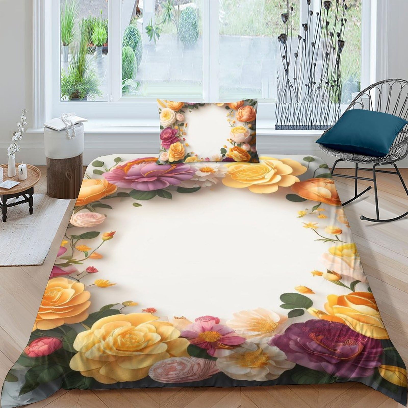 Parure de lit fleurs infroissable en microfibre douce avec zippe