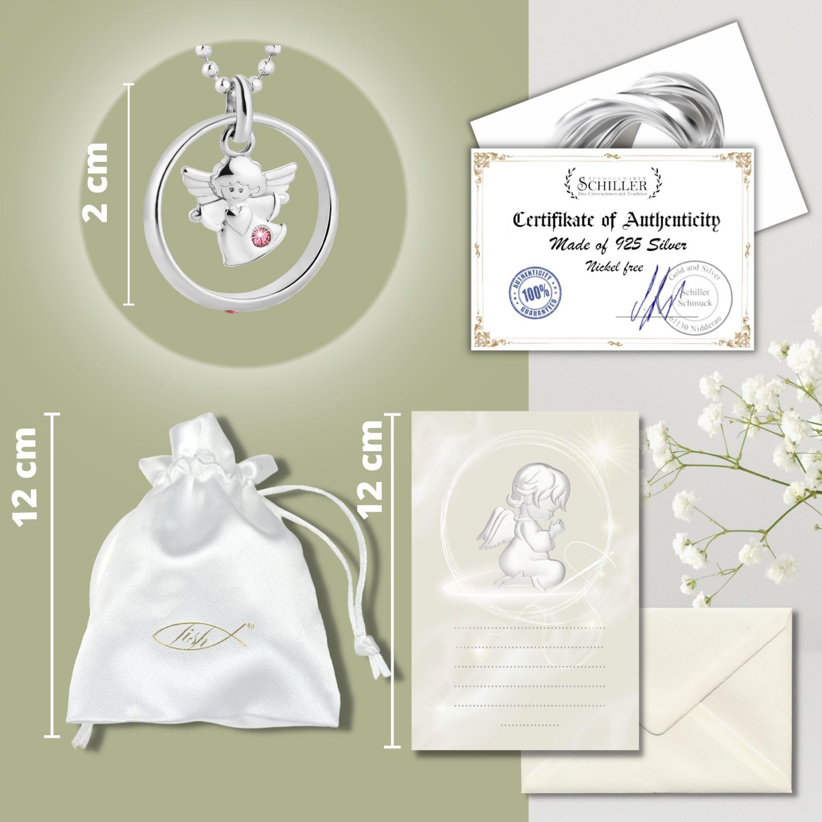 fish Handcrafted Baptism Necklace Set including Angel Pendant And Pink Crystal, Mittel - Image 3