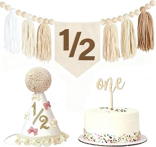 1/2 Birthday Girl and Boys Decorations Half Birthday Decorations Cute 6 Month Party Cone Hats Pastel High Chair Banner and Cake Toppers Props Happy Half Birthday Decorations Photoshoot Props